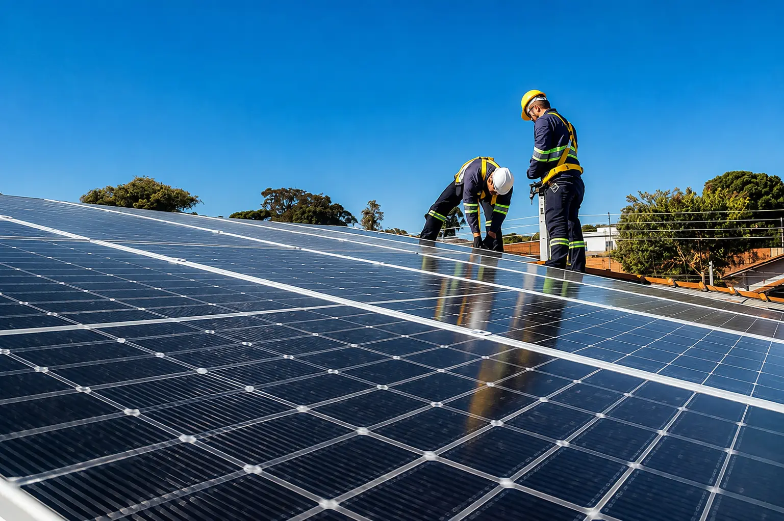 Two installers in hard hats and safety harnesses working on a rooftop solar array