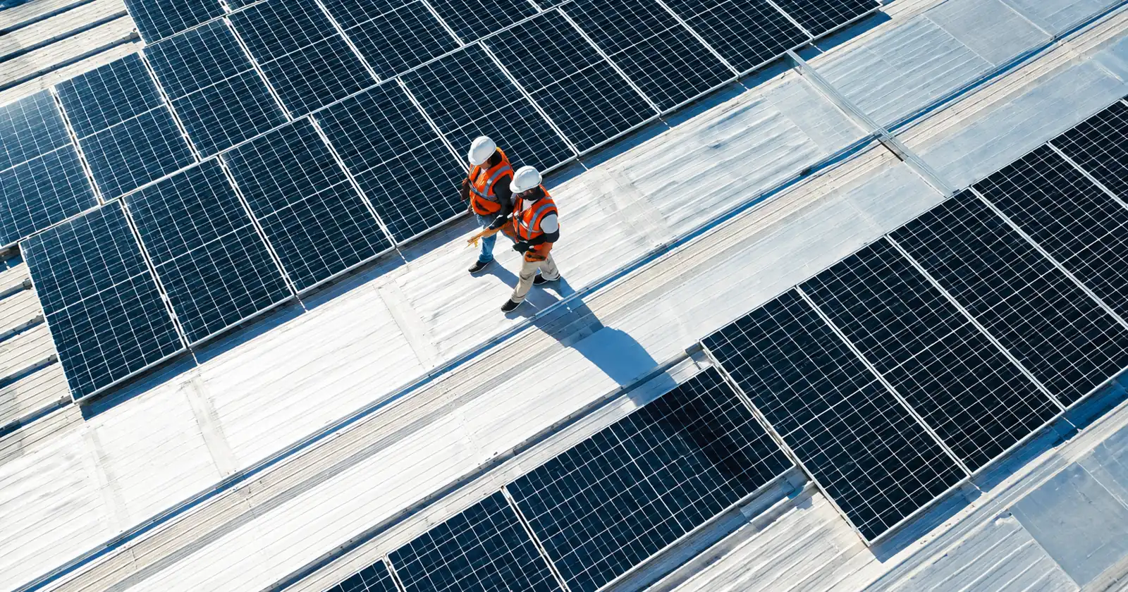 Overhead view of two engineers in hard hats walking between rows of rooftop solar panels