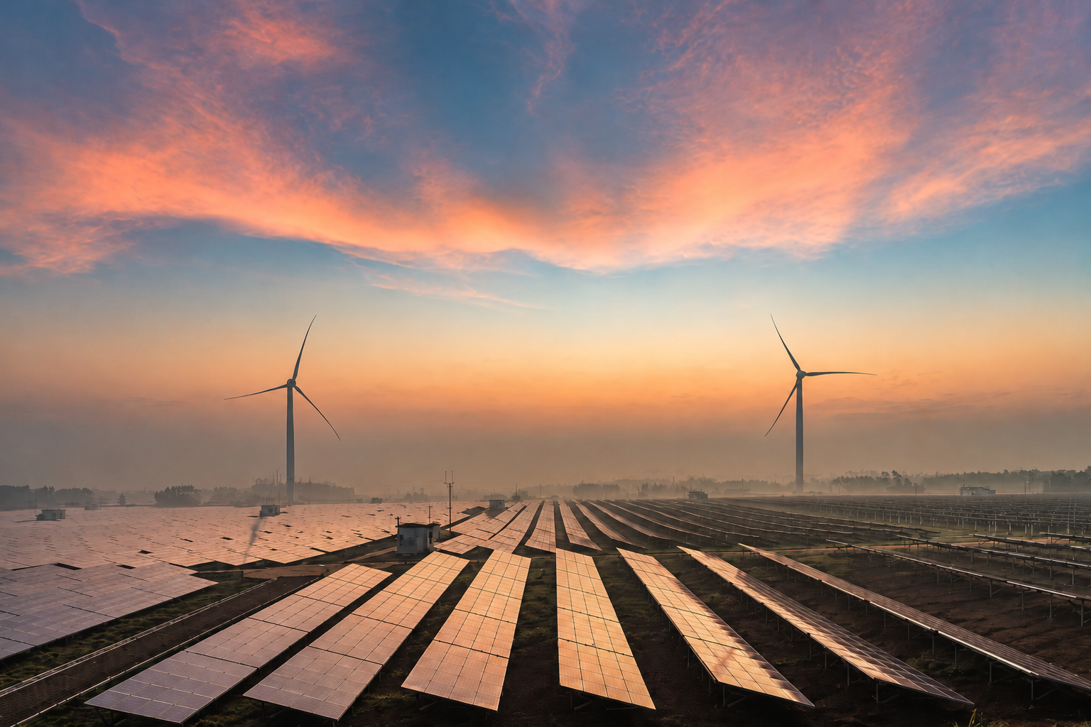 Solar panel farm and wind turbines at dusk
