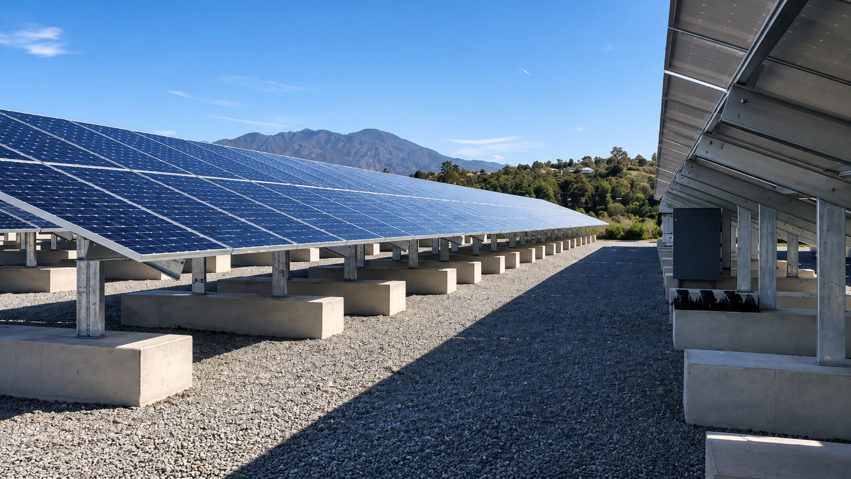 Ground-mounted distributed solar array on concrete footings with mountains behind