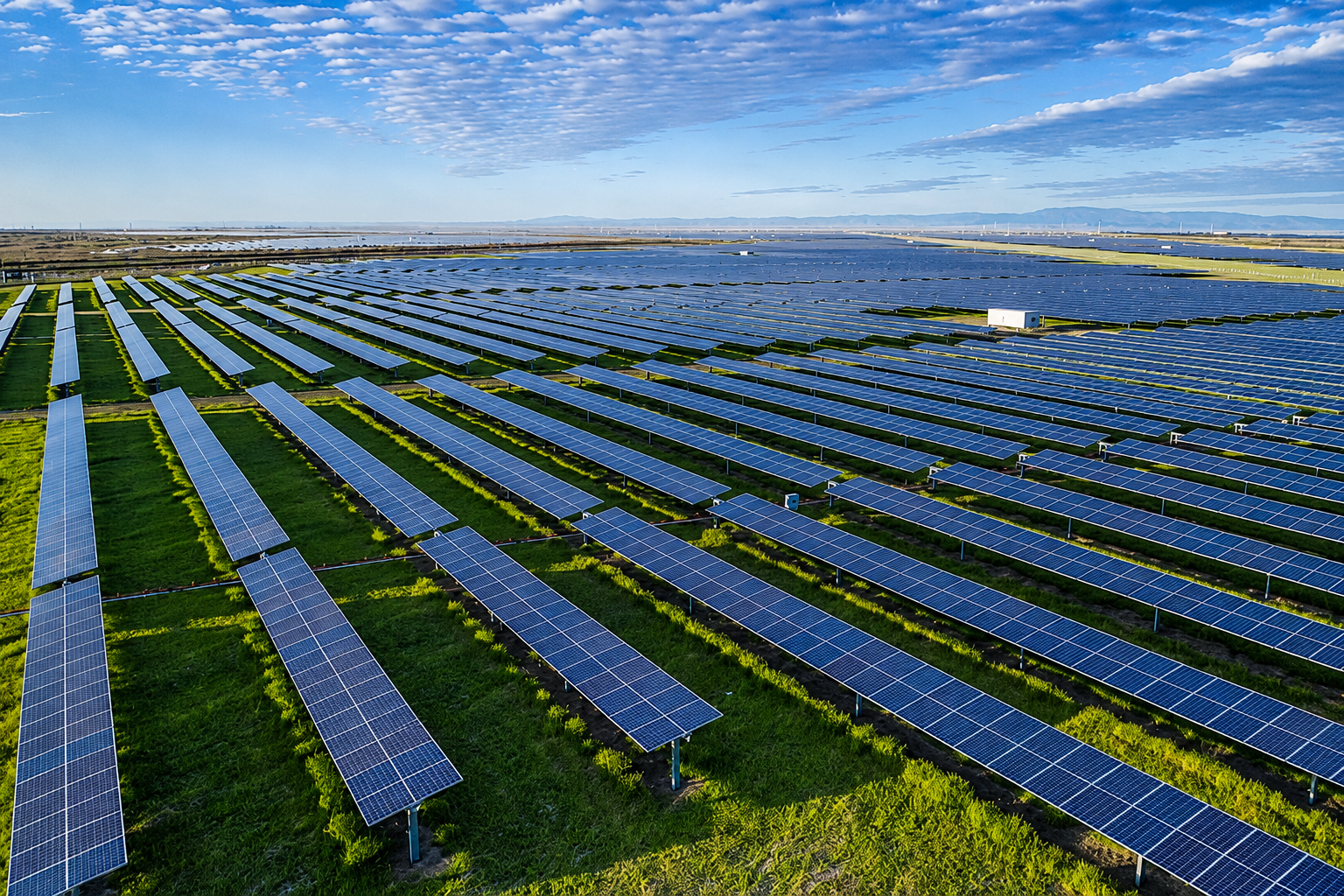 Aerial view of long rows of utility-scale solar panels across green farmland