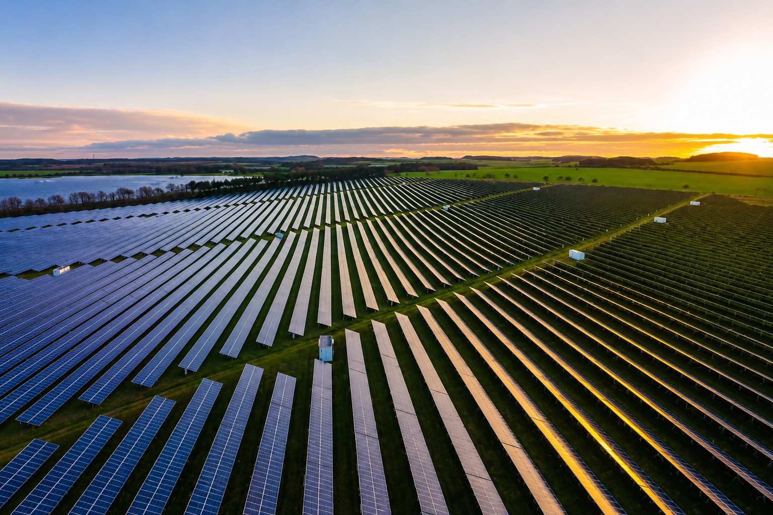 Aerial view of a large solar farm at sunset with rows of panels catching golden light