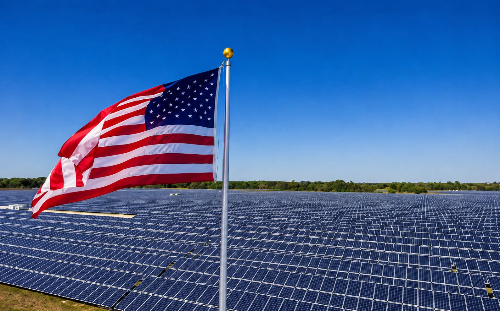 US flag flying over a large utility-scale solar farm under clear blue sky