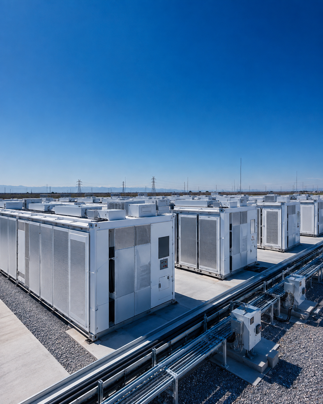 Rows of battery energy storage enclosures with transmission towers on the horizon