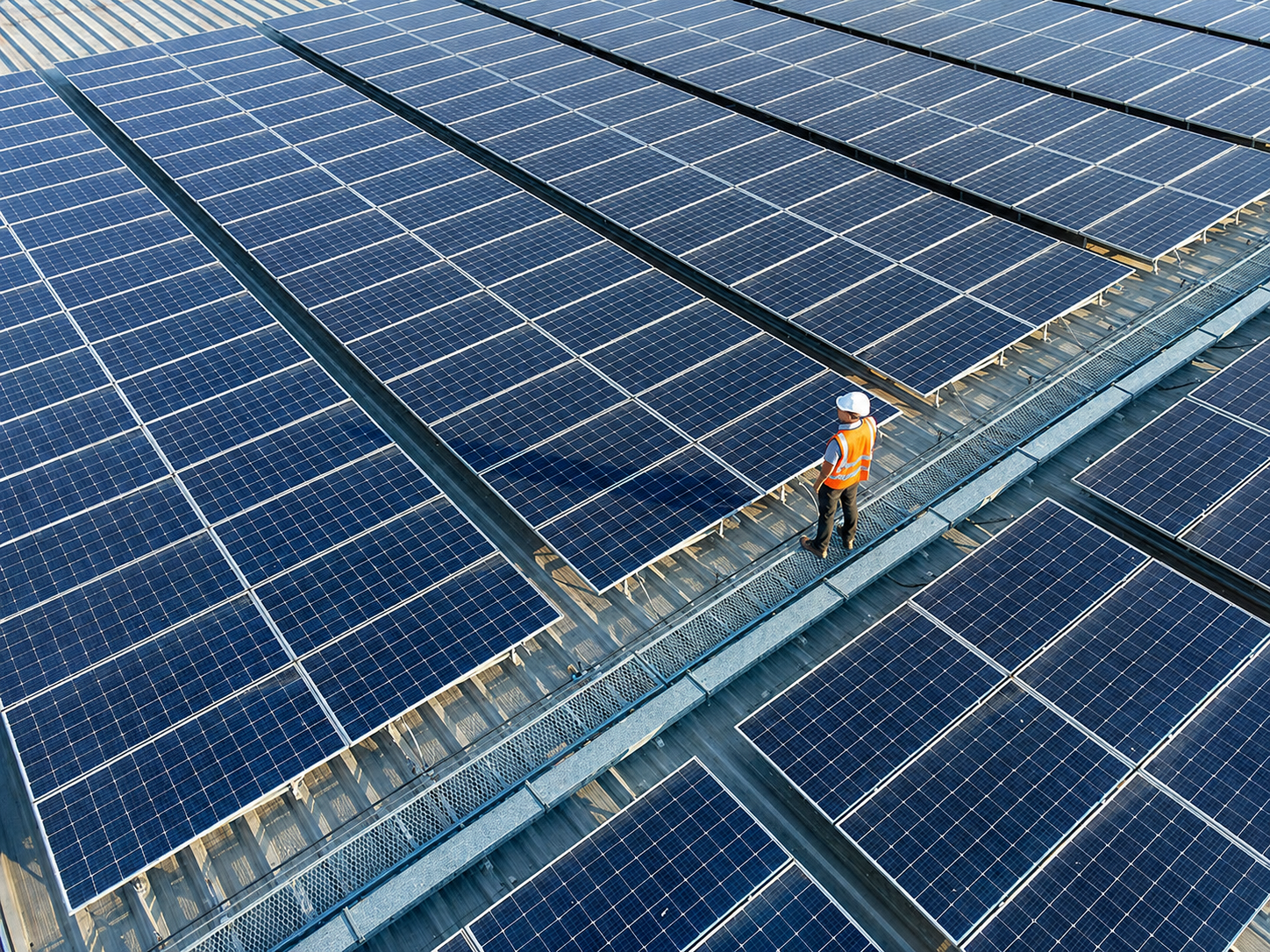 Aerial view of a technician walking across a large rooftop solar array