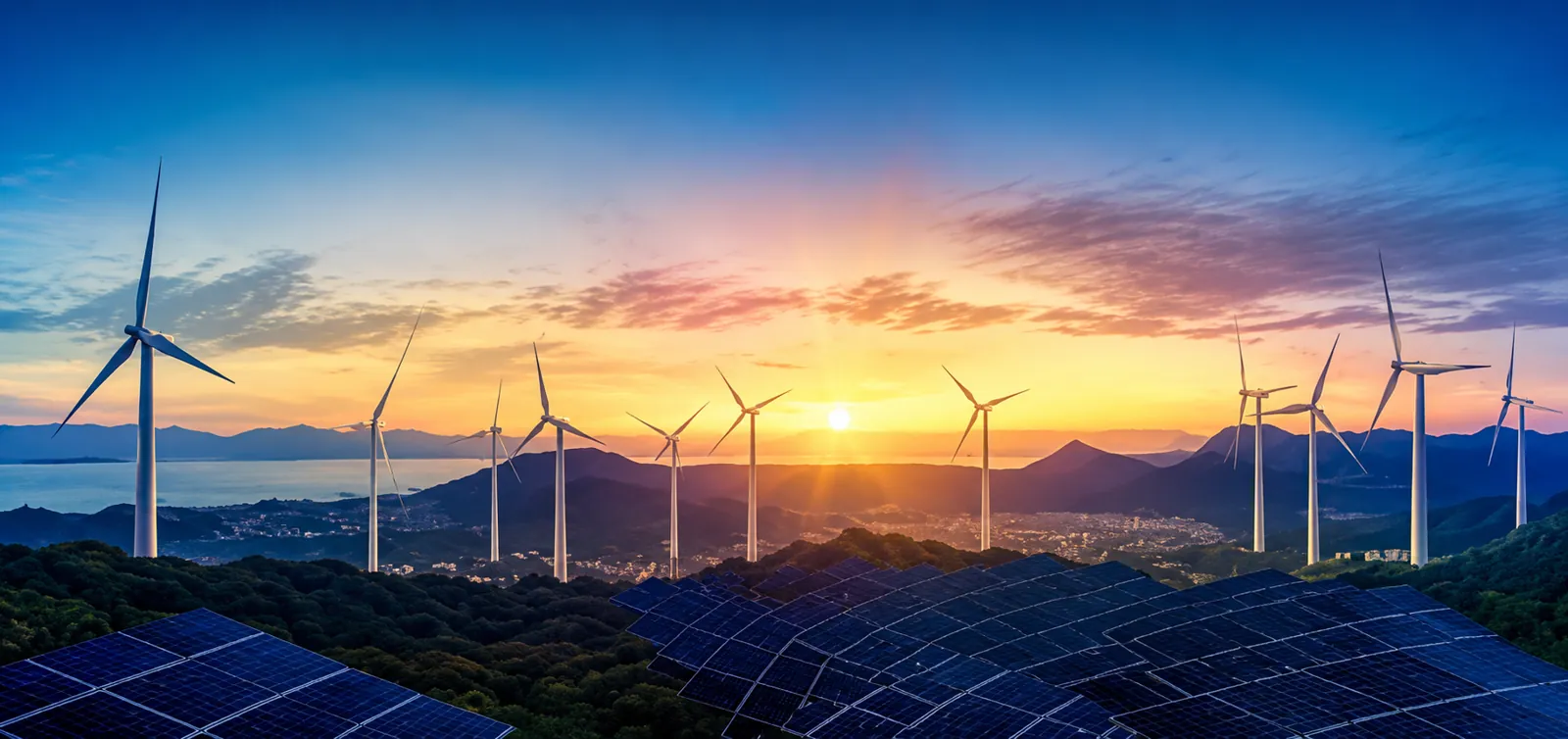 Wind turbines and solar panels on a hillside at sunset